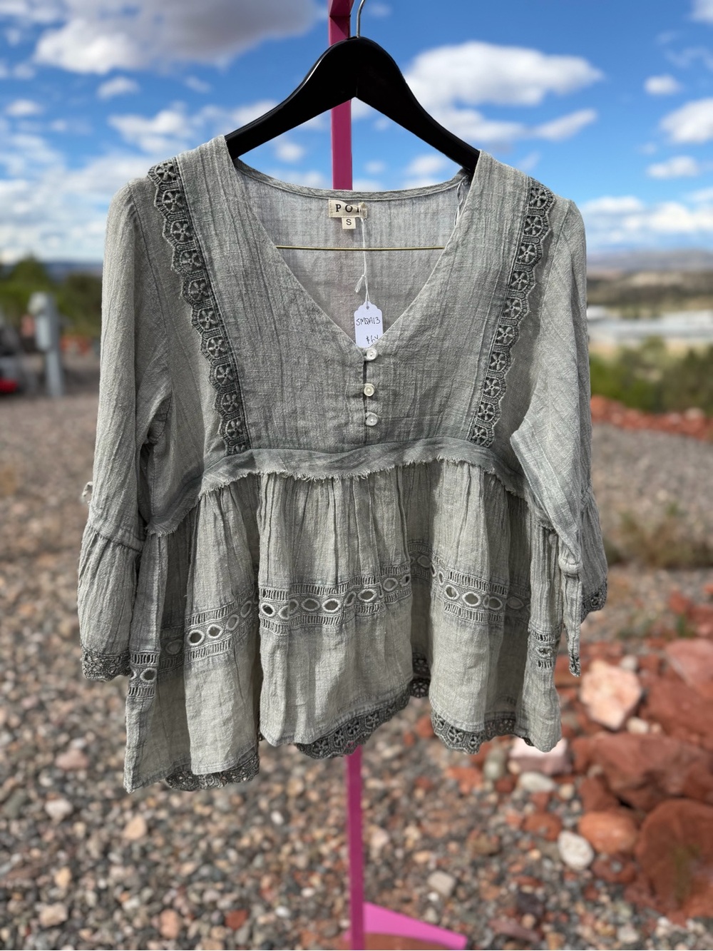POL Clothing SMQA13 Boho Peasant Blouse S Gray Cotton Embroidered Tassel